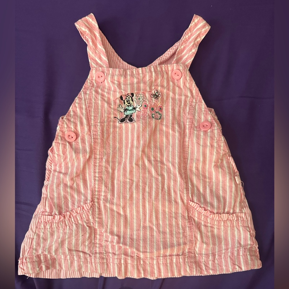 Disney Baby Girls Minnie Mouse Pink & White Striped Overall Dress. Sz 6-9m